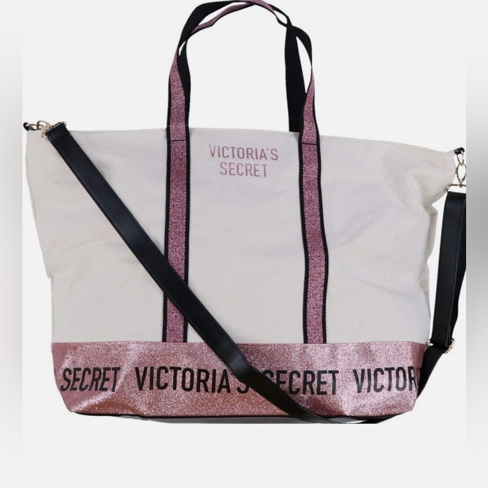 Victoria's Secret Glitter Pink and White Large Weekender Tote Bag NWT